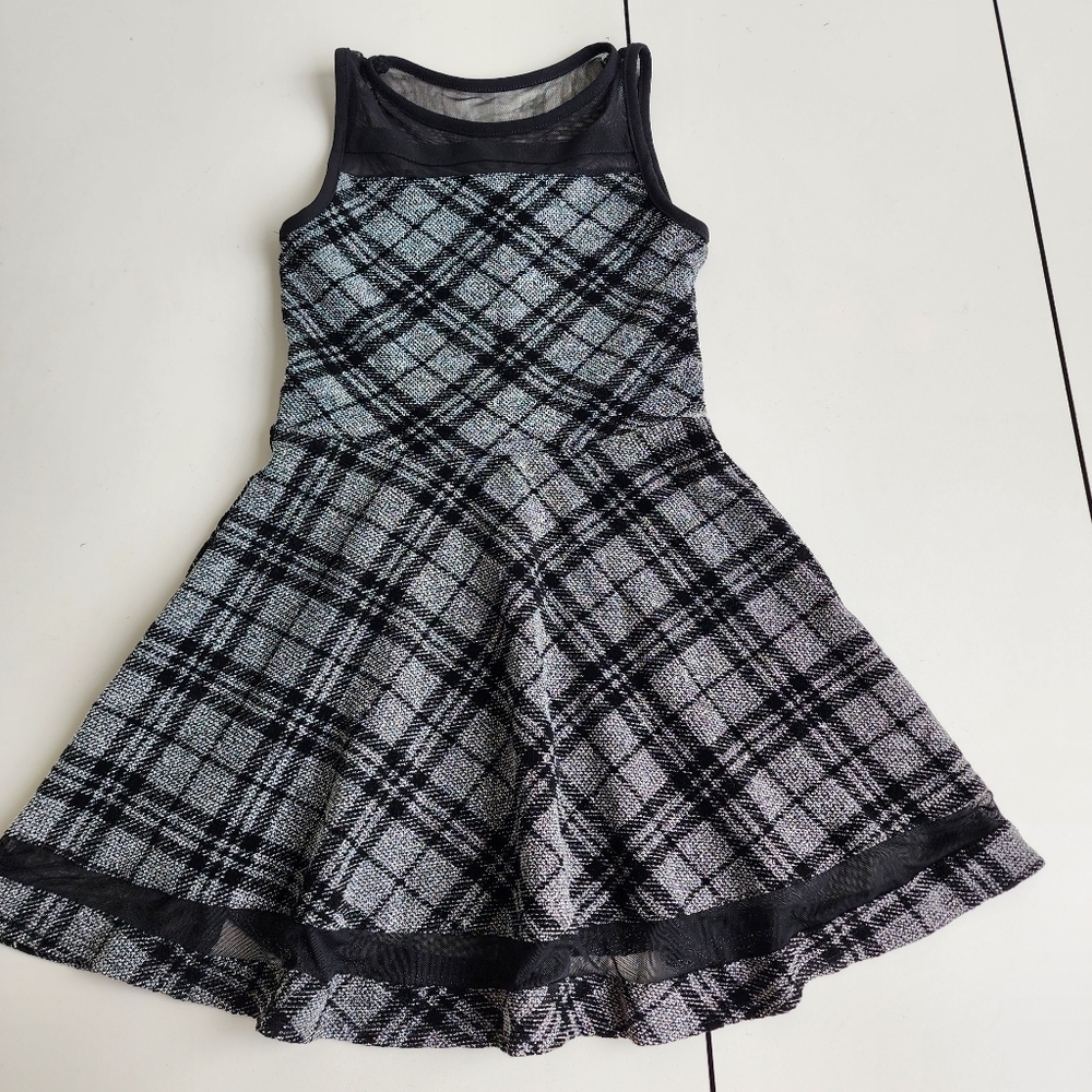 NWT Sally Miller Couture Dress Girls Fit Flare Cheer Plaid Gray Black Mesh M 10